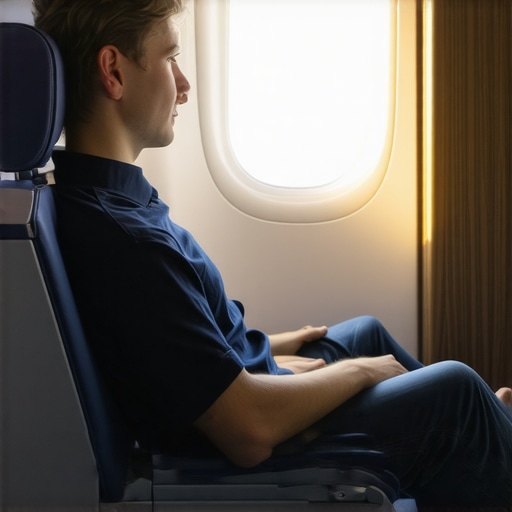 A person using an inflatable lumbar support roll in an airplane seat to maintain proper posture and reduce back pain during a flight.