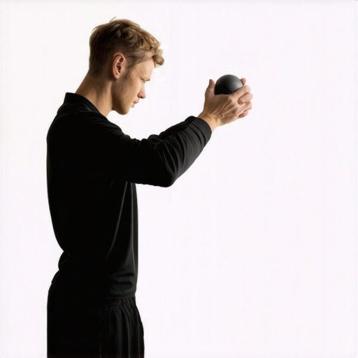 A person demonstrating how to use a massage ball against a wall to relieve upper back tension.