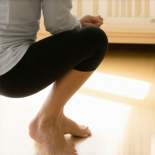 A person squatting with a wedge under their heels to improve hip mobility.