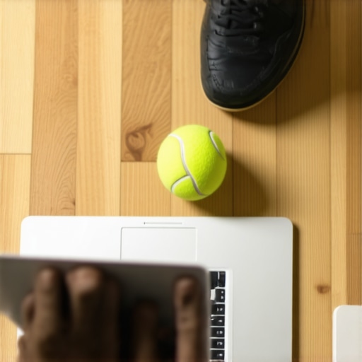 Close-up of a foot rolling on a tennis ball under a desk to relieve back tension